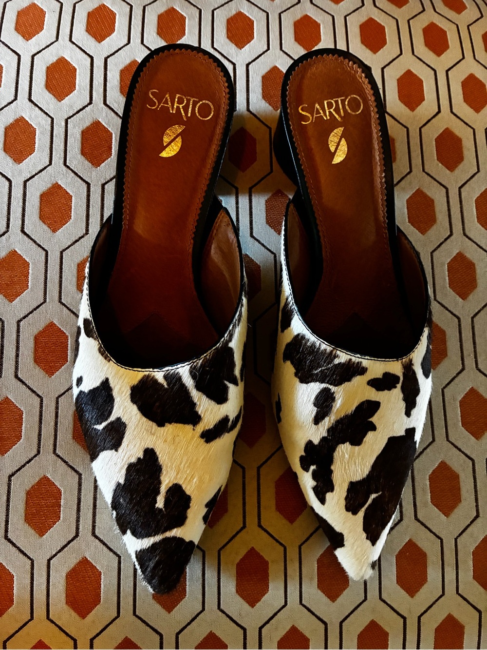 SARTO By Franco Sarto Black and White Cow-Print Pointed Mule